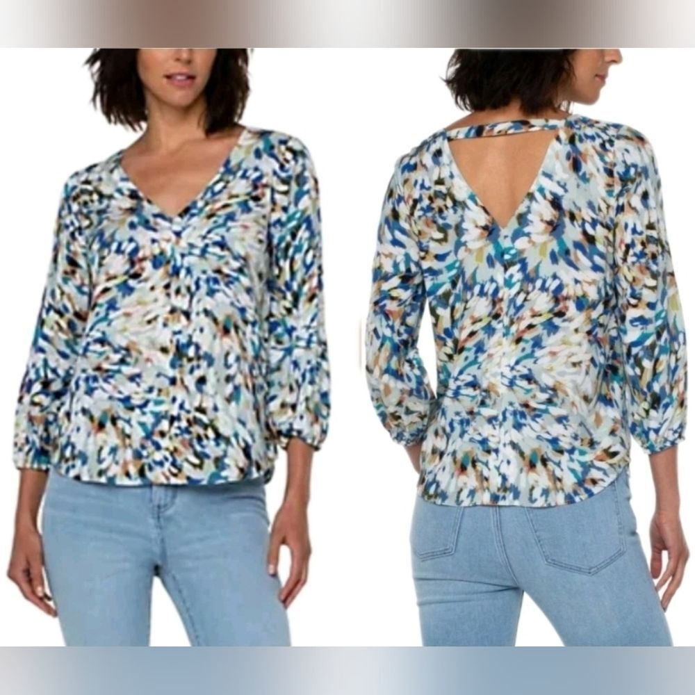 Liverpool Los Angeles 3/4 Sleeve Double V-neck Flutter Top Paint Splotch Size L